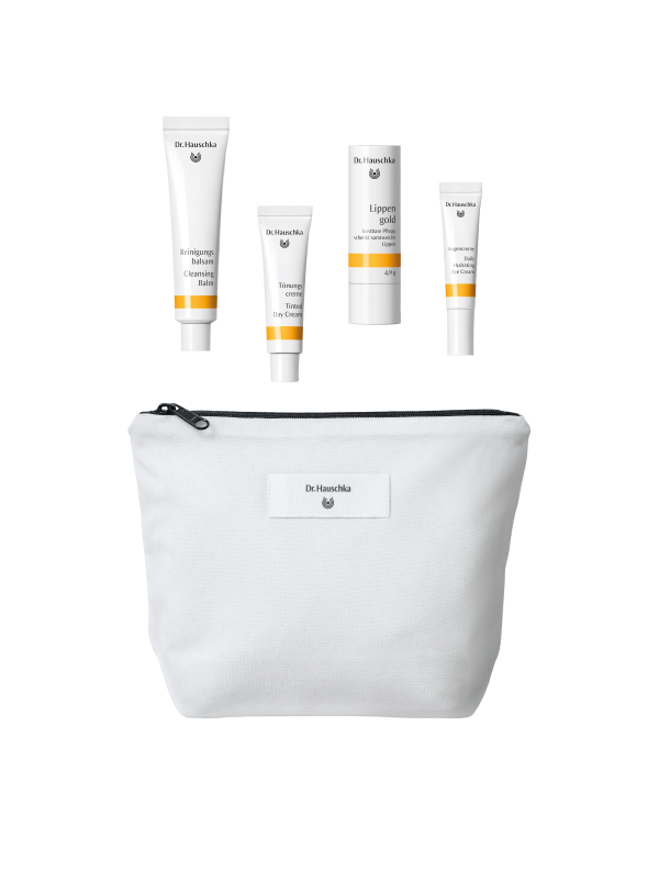 Zugaben Dr. Hauschka Kosmetiktasche gefüllt (Inhalt: Lippengold 4,9 g , Reinigungsbalsam 10ml, Tönungscreme 5ml plus Augencreme 2,5ml)