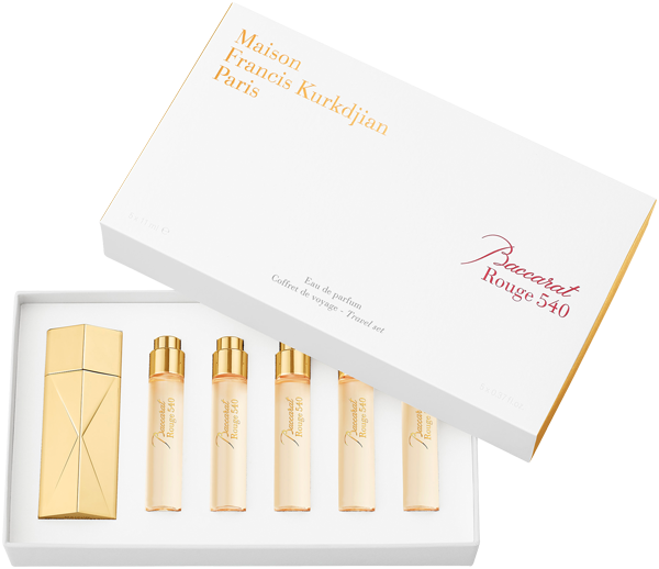 Maison Francis Kurkdjian Baccarat Rouge 540 Travel Set = Globe Trotter Travel Spray Case Golden Edition + 5x Eau de Parfum 11 ml