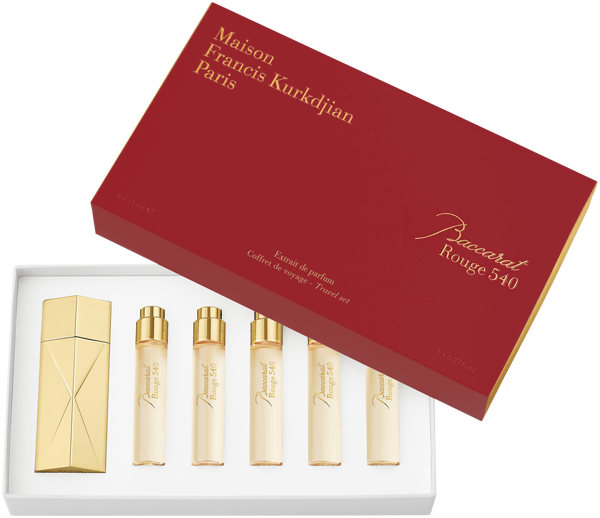 Maison Francis Kurkdjian Baccarat Rouge 540 Travel Set = Globe Trotter Travel Spray Case Golden Edition + 5x Extrait de Parfum 11 ml