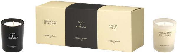 Cereria Molla Kerzen-Set = Bergamotto de Calabria 70 g + Basil & Mandarin 70 g + Velvet Wood 70 g