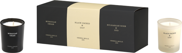 Cereria Molla Kerzen-Set = Bulgarian Rose & Oud 70 g + Black Orchid & Lily 70 g + Moroccan Cedar 70 g
