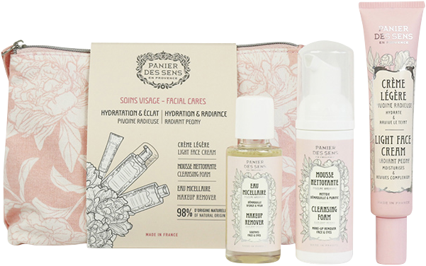 Panier des Sens Pivoine Radieuse Trousse de Soins Visage Set = Eau Micellaire Make-Up Remover 50ml + Cleansing Foam 50ml + Light Face Cream 40 ml