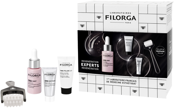 Filorga Expert Regeneration Box = NCEF-Shot 15ml + Time-Filler 5XP 14ml + NCEF Reverse Night Mask 7ml + Massage Roller