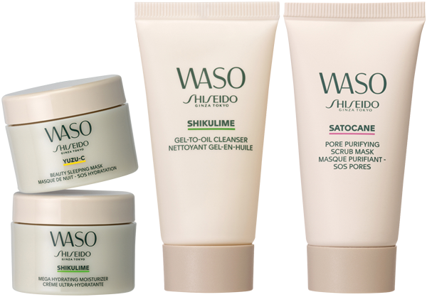 Shiseido Waso Holiday Kit = Gel-to-Oil Cleanser 30 ml + Mega Hyd. Moist. 15 ml + Beauty Sleep. Mask 15 ml + Pore Purif. Scrub Mask 30 ml