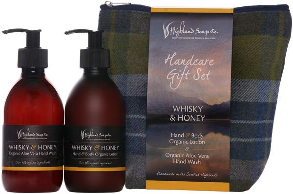 Highland Soap Handcare Giftsets: Handwash, Hand&Bodylotion and Tweed washbag Whisky & Honey