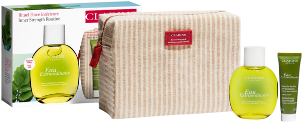 CLARINS Eau Extraordinaire Set = Eau Extraord.Spray 100 ml + Eau Extraord.Douche Lactée Revit.30 ml + Täschchen