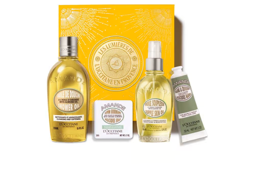 L'Occitane Mandel Set Duschöl 250ml, Skin-Öl 100ml Peeling Seife 50g, Handcerme 30ml