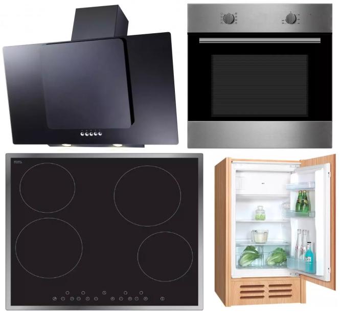 PKM Elektroset 4-tlg. inkl Einbau-Kühlschrank KS120, Glaskeramik-Kochfeld EB-C4, Multifunktions-Einbaubackofen F7 und Dunstabzugshaube 9041-80 XBG