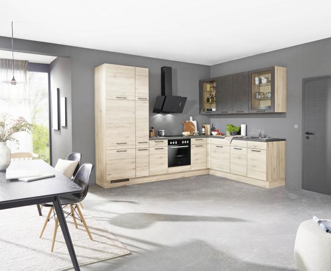 Einbauküche RIVA 893 inkl E-Geräte und Einbauspüle ca. 305 x 215 cm von Nobilia San Remo Eiche NB / Betonoptik terragrau