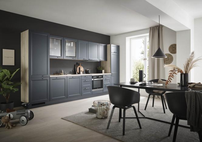 Einbauküche CASCADA inkl E-Geräte und Einbauspüle ca. 400 cm von Nobilia fjordblau/Sierra Eiche- Nachbildung