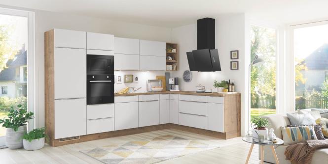 Einbauküche LASER 417 inkl E-Geräte und Einbauspüle ca. 330 x 220 cm von Nobilia Seidengrau / Havanna Eiche NB