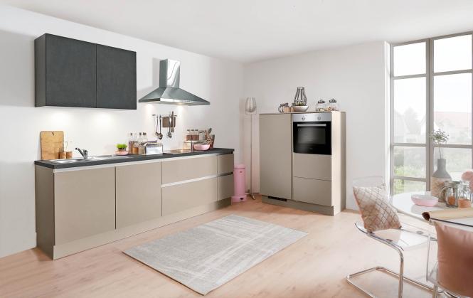 Einbauküche JETTE 276 inkl E-Geräte und Einbauspüle ca. 260 + 124 cm breit von Burger Seidenmatt Greige / Kito Stahloptik