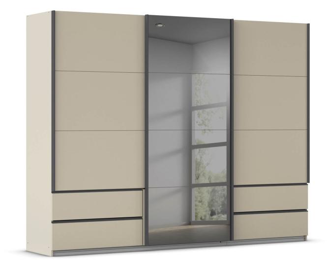 Schwebetürenschrank 271 cm breit 3-trg. inkl. 4 Schubkästen und Spiegel Champagner