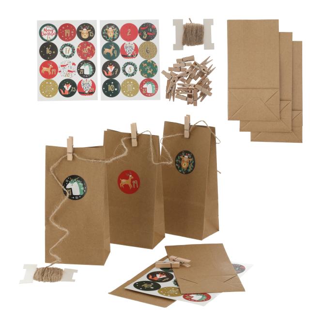 Adventskalender Bastelset DIY Tüten inkl. Klammern 73tlg 1 Stück von CEPEWA Braun / Sticker Bunt