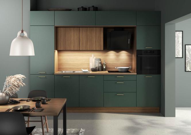 Einbauküche Cindy 252 / Cora 141 inkl E-Geräte und Einbauspüle ca. 320 cm breit von Burger Black Green seidenmatt / Honey Oak NB