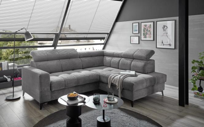 Wohnlandschaft Ecksofa Cord rechts elektrisch ausfahrbar ca. 243 x 200 cm BAVARO Ash grau