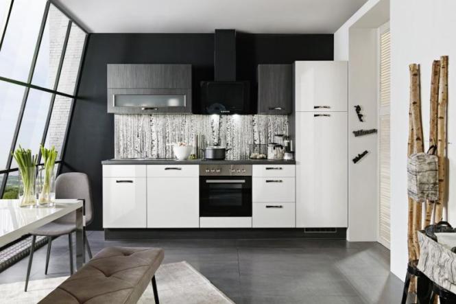 Einbauküche Susann 296 inkl E-Geräte und Einbauspüle ca. 280 cm breit von Burger Lacklaminat Weiß Hochglanz / Coffee Oak NB