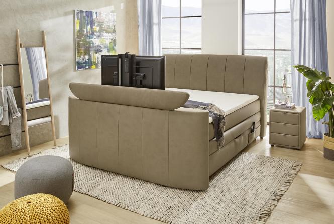 Boxspringbett elektrisch mit TV Lift und Bettkasten 180x200 BEL AIR Braun