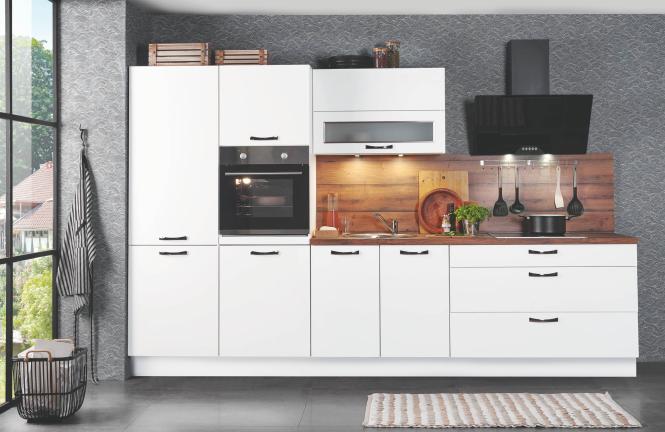 Einbauküche Cindy 239 inkl E-Geräte und Geschirrspüler ca. 330 cm breit von Burger Seidenmatt Weiß / Historic Eiche NB