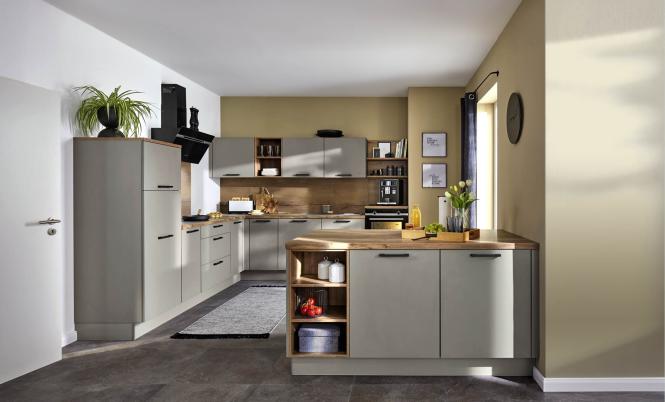 Einbauküche LASER 461 inkl E-Geräte BOSCH und Einbauspüle ca. 285 x 285 cm und 160 cm von Nobilia Taupegrau / Havanna Eiche NB