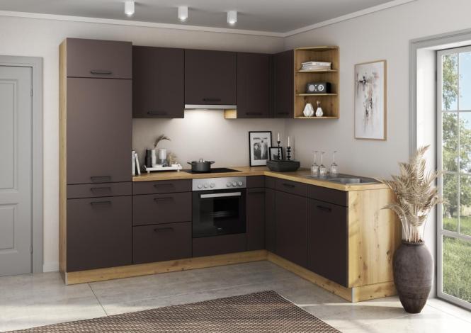 Einbauküche Cindy 254 inkl E-Geräte und Einbauspüle ca. 270 x 210 cm von Burger Seidenmatt Intense braun / Natural Oak NB