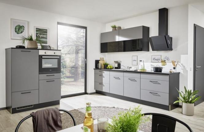 Einbauküche JETTE 277 inkl E-Geräte und Einbauspüle ca. 280 + 120 cm breit von Burger Seidenmatt Quarzgrau / Seidenmatt Schwarz