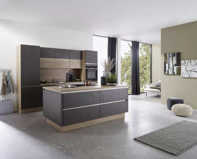 Küchenblock mit Insel inkl E-Geräte SIEMENS und Einbauspüle ca. 300 + 200 cm von Nobilia Betonoptik Seide / Sierra Eiche NB