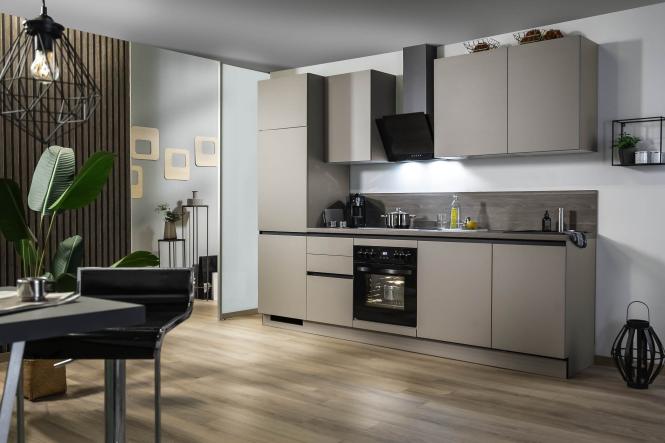 Küchenzeile Creme-Grau mit Hängeschränke 280 cm lang