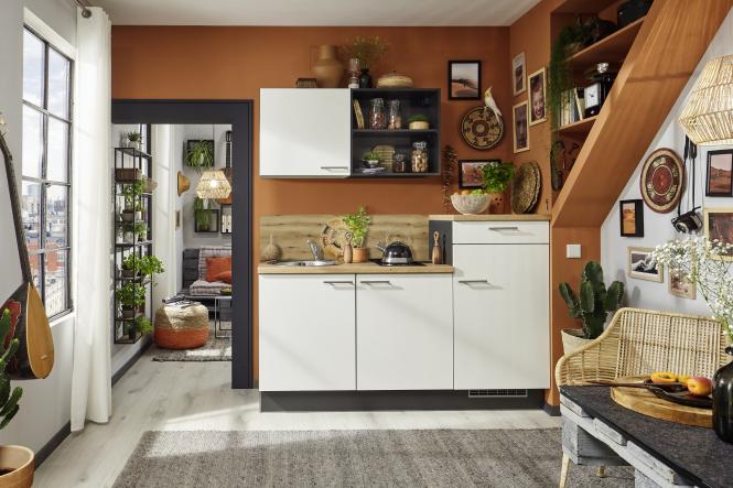 Küchenzeile Leerblock 180cm Kompaktküche inkl. Spüle und Spültischarmatur PKW 318011 von Pino Küchen Evoke Eiche / Grafit / Weiß