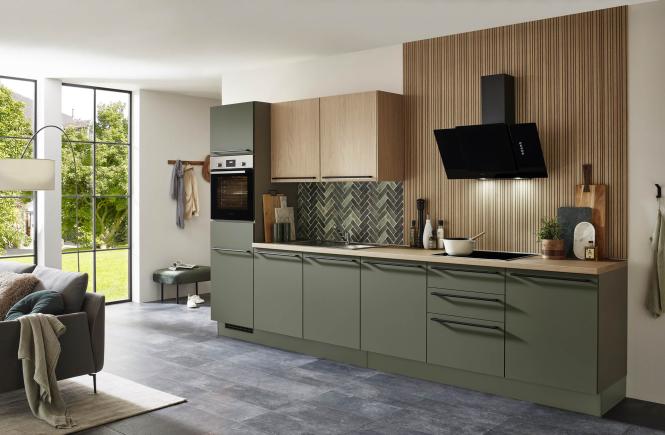 Küchenzeile Olive Grün mit Holzoptik 365 cm