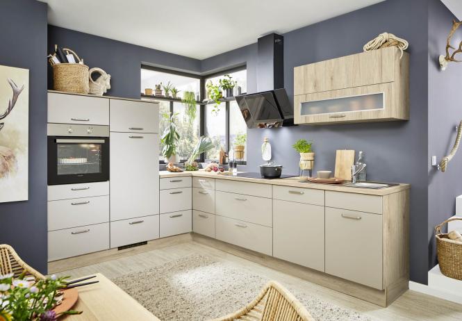 Einbauküche Cindy 234 inkl E-Geräte und Einbauspüle ca. 225 x 305 cm von Burger Greige / Eiche NB