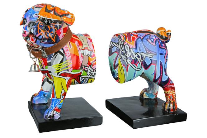 Pop Art Figur Deko Skulptur 2er Set Buchstützen Hund Street Art Bulldogge Graffiti Kunstharz