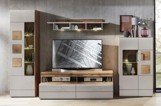 Wohnwand 4-tlg mit LED-Beleuchtung ca.340x208x52 cm Kaschmir matt /Absetzung Hirnholz Nachbildung / Eiche Altholz