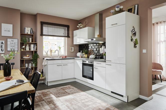 Winkelküche Leerblock 165x285cm Eckküche inkl. Spüle und Spültischarmatur PKW 544005 von Pino Küchen Weiß Hochglanz / Pietra Grey