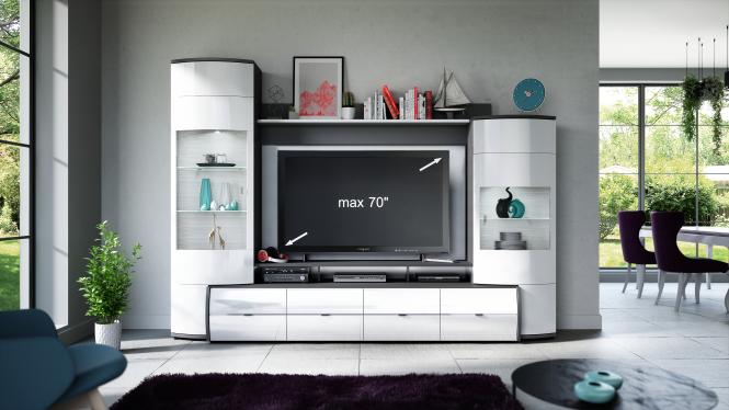 Wohnwand 1-tlg mit Glastüren GATE Hochglanz Weiß / Anthrazit