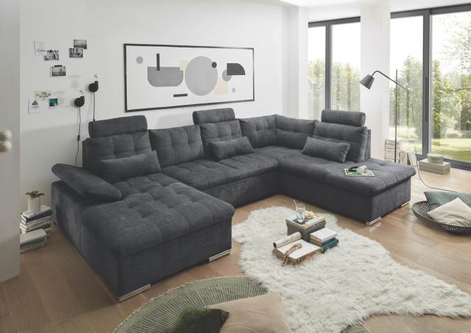 Wohnlandschaft mit Schlaffunktion und Bettkasten U Form Grau 324 cm breit BREST-U