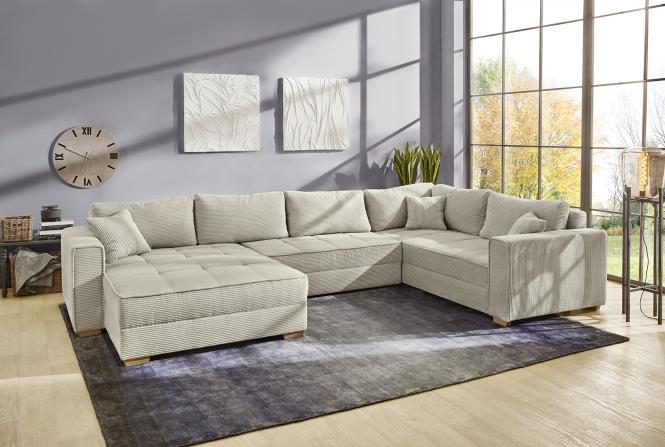 Wohnlandschaft U Form Cord Beige mit Schlaffunktion und Bettkasten 227 x 379 cm beidseitig montierbar BRIXEN