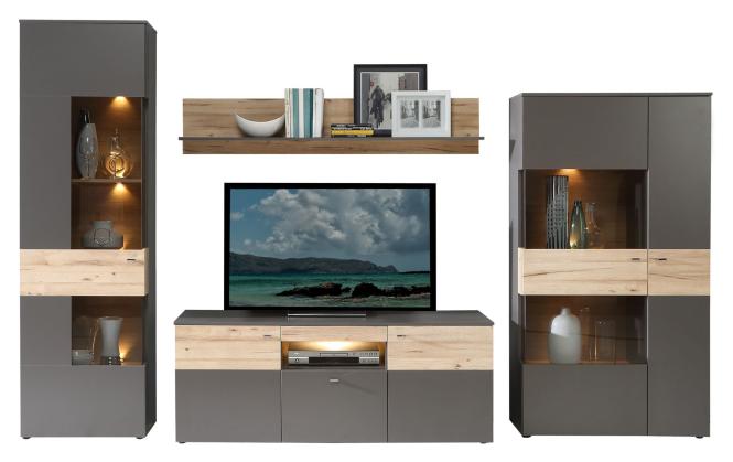 Wohnwand inkl Beleuchtung Como von Forte Wolfram Grau / Planked Eiche